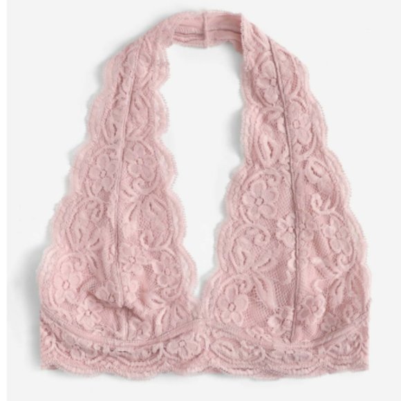 Pastel Pink Floral Lace Halter Bralette Bra - Picture 2 of 5